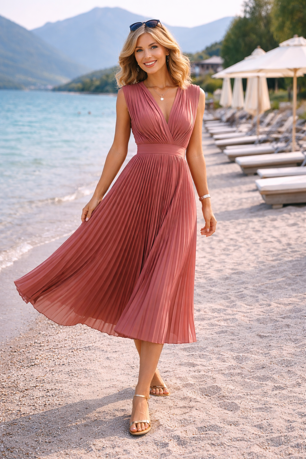 Women's Vintage Neckline Pleated Midi Dress