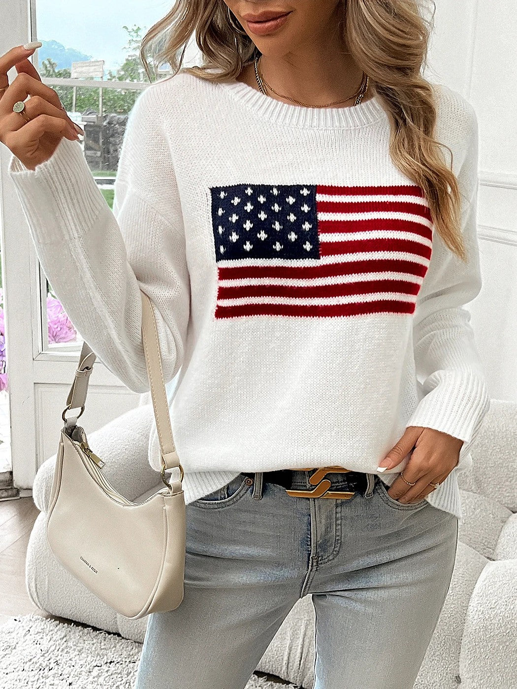 Women's American Flag Intarsia Knit Pullover
