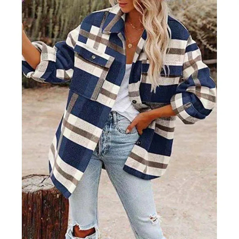 Women's Plaid Shacket Button Front Chest Pockets