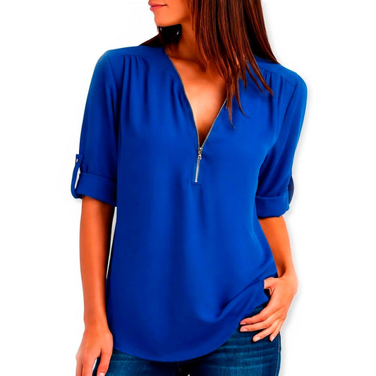 Damen V-Ausschnitt Bluse mit Reißverschluss Jully