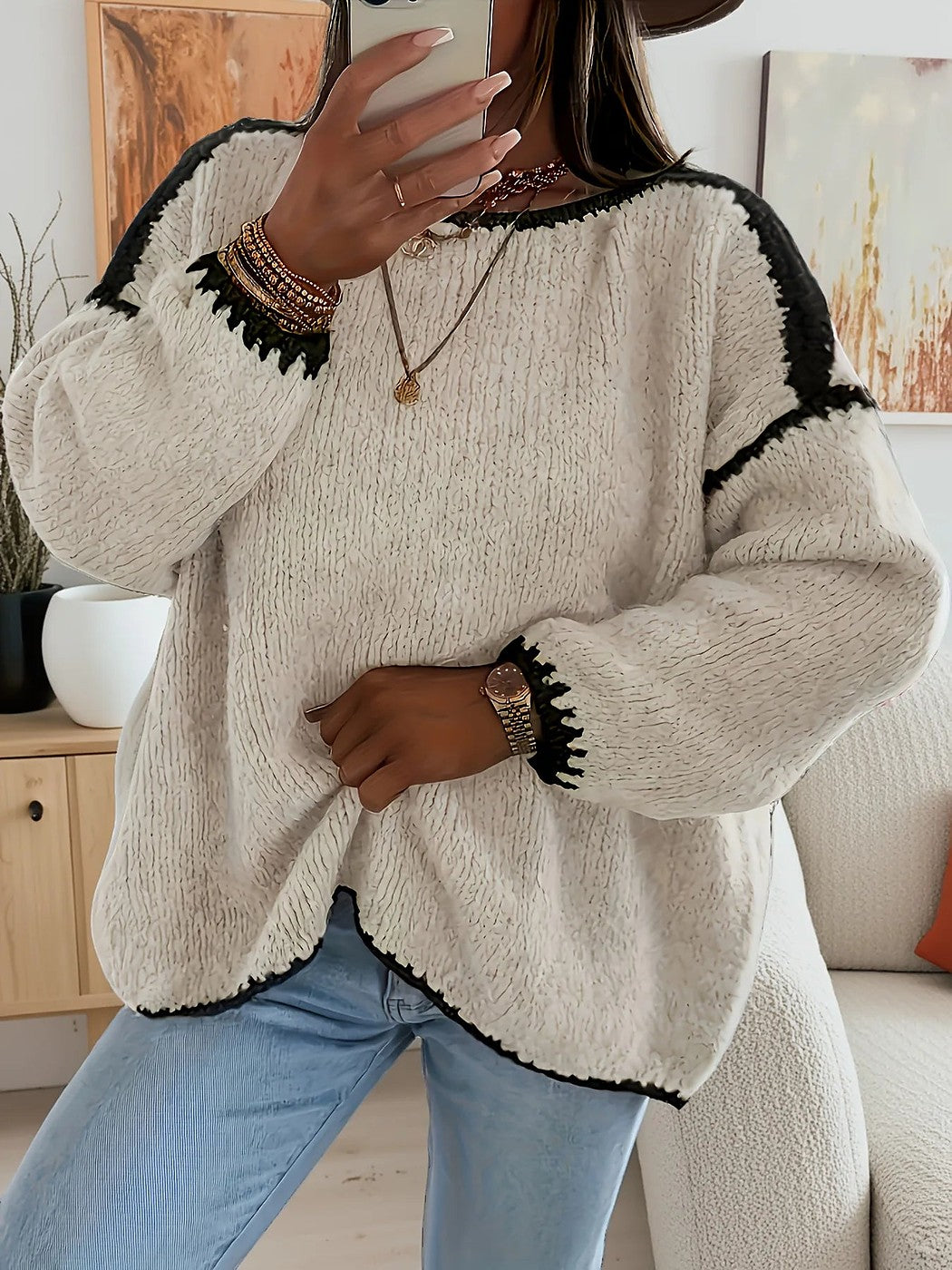 Women's Oversized Fuzzy Crewneck Sweater Contrast Cuffs