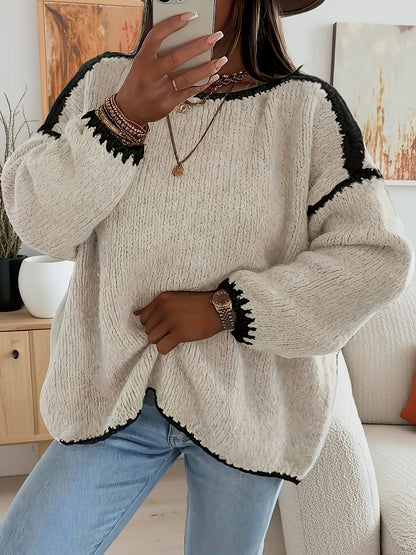 Women's Oversized Fuzzy Crewneck Sweater Contrast Cuffs