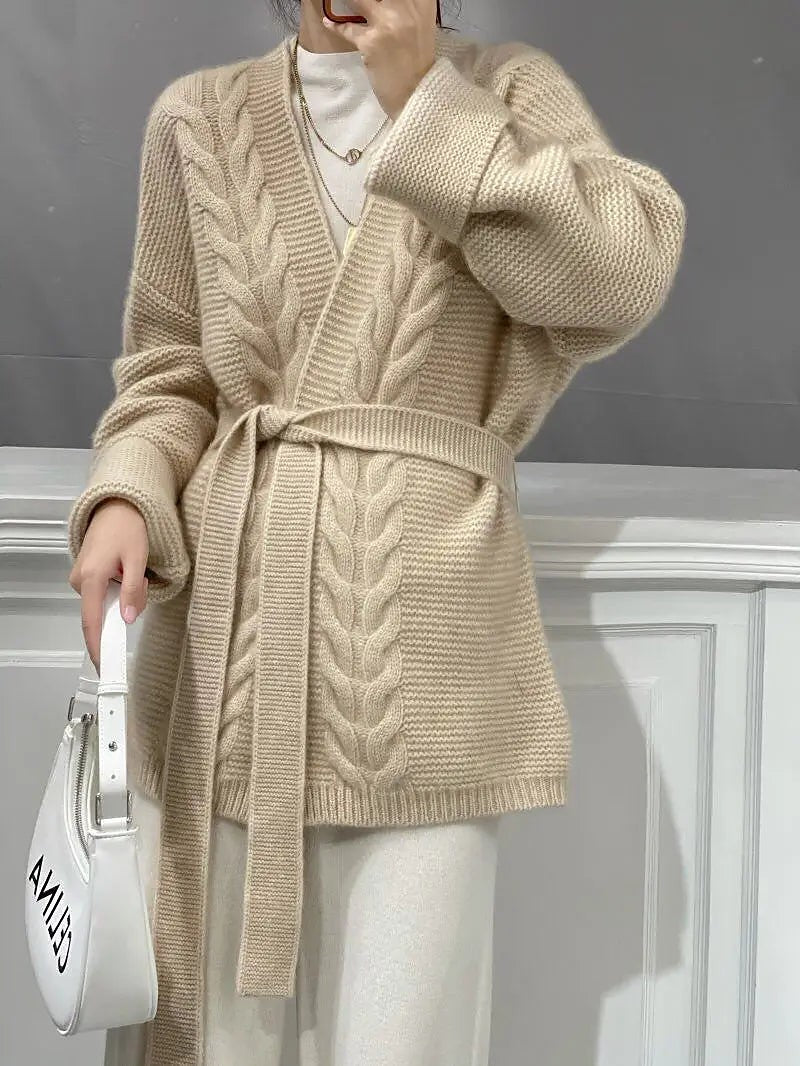 Women's Belted Cable Knit Wrap Cardigan