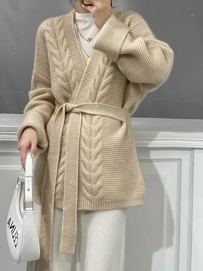 Women's Belted Cable Knit Wrap Cardigan