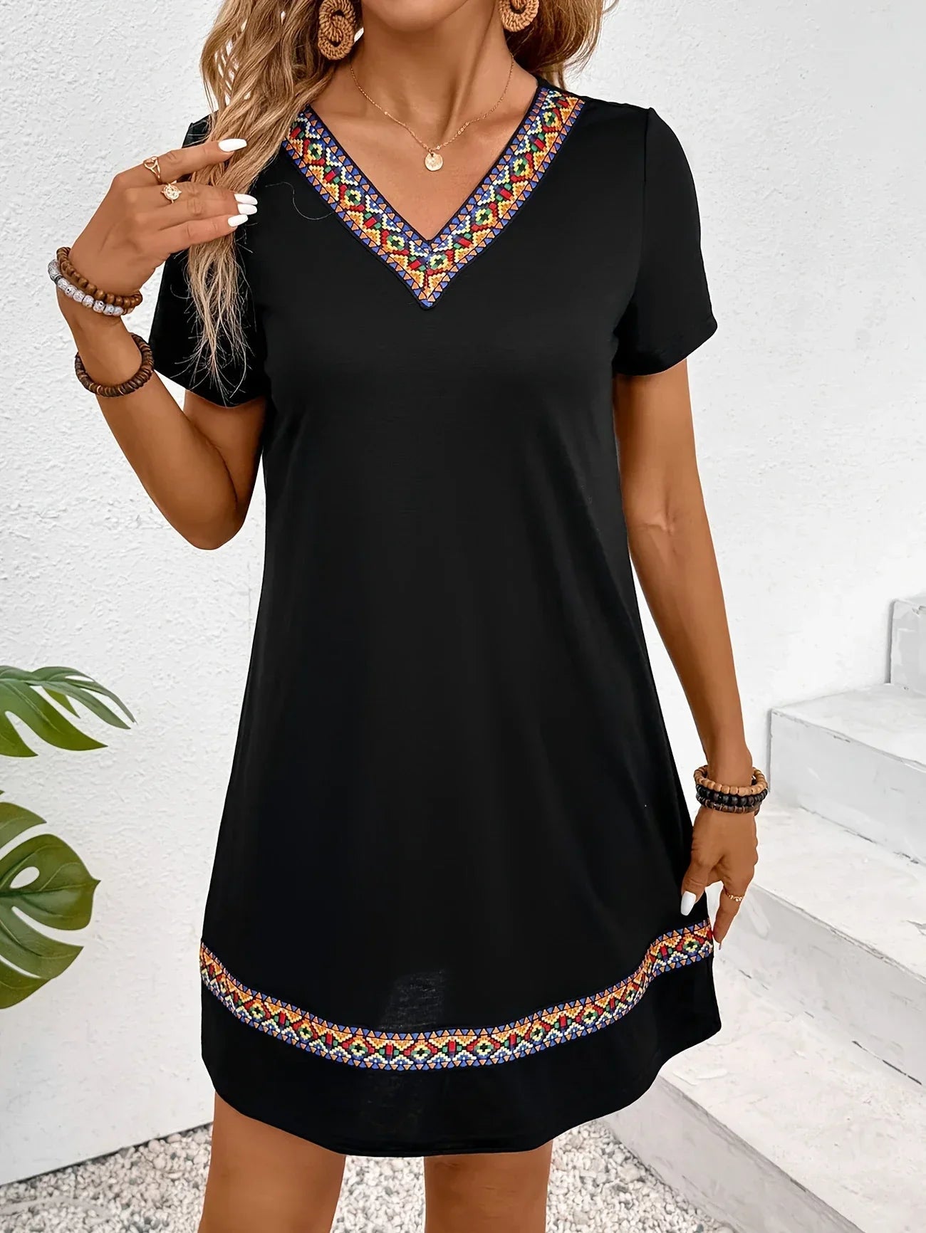 Damen A-Linie Kleid mit V-Ausschnitt aus Baumwolle Jully