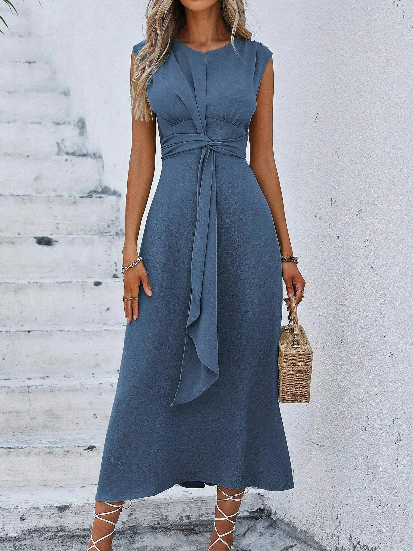 Damen A-Linien Kleid mit Gürtel und ärmellos Jully