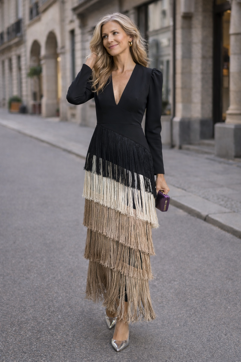 Damen Abendkleid mit Fransenärmel in Midi-Länge Jully