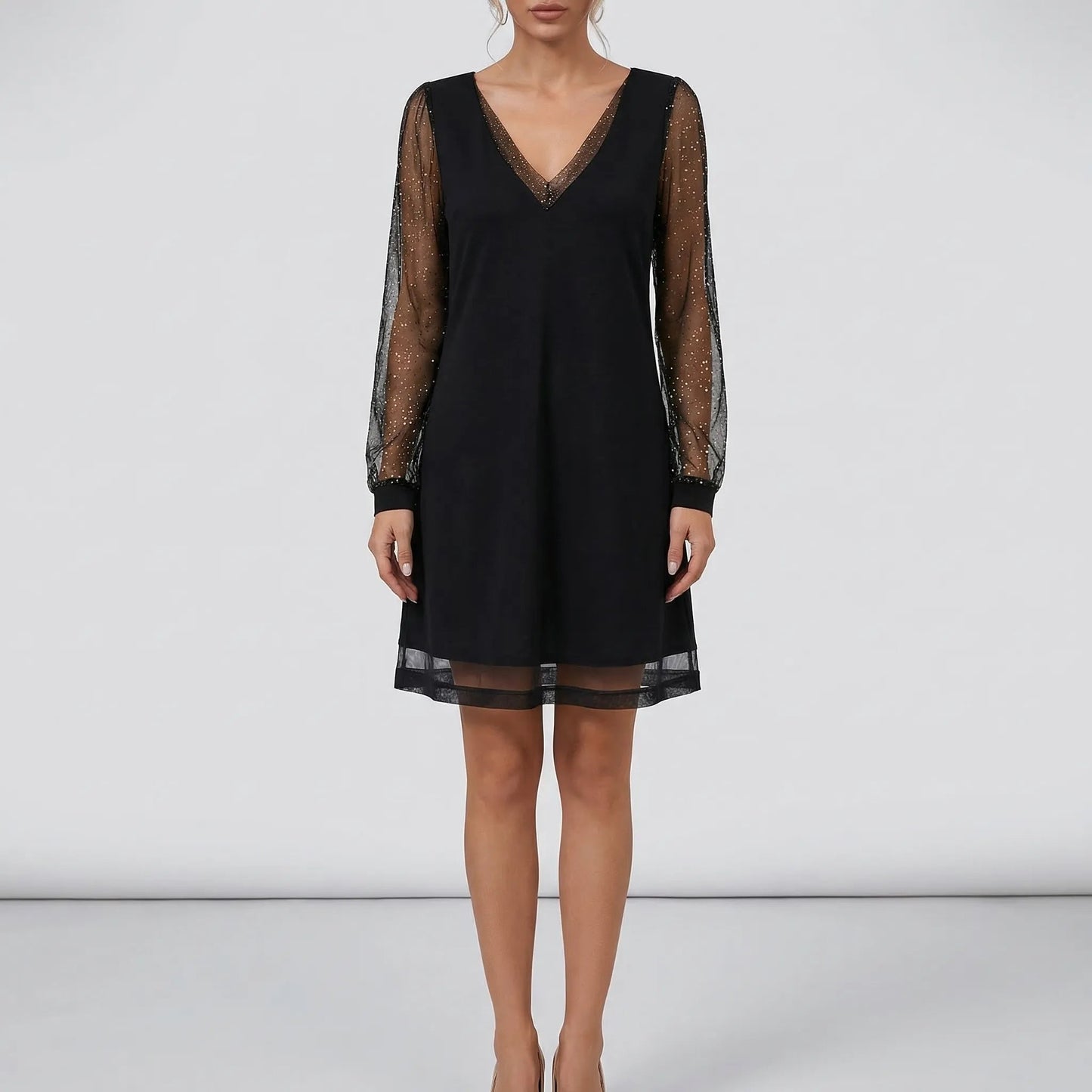 Damen Abendkleid mit Glitzer-Mesh-Ärmeln in Schwarz Jully