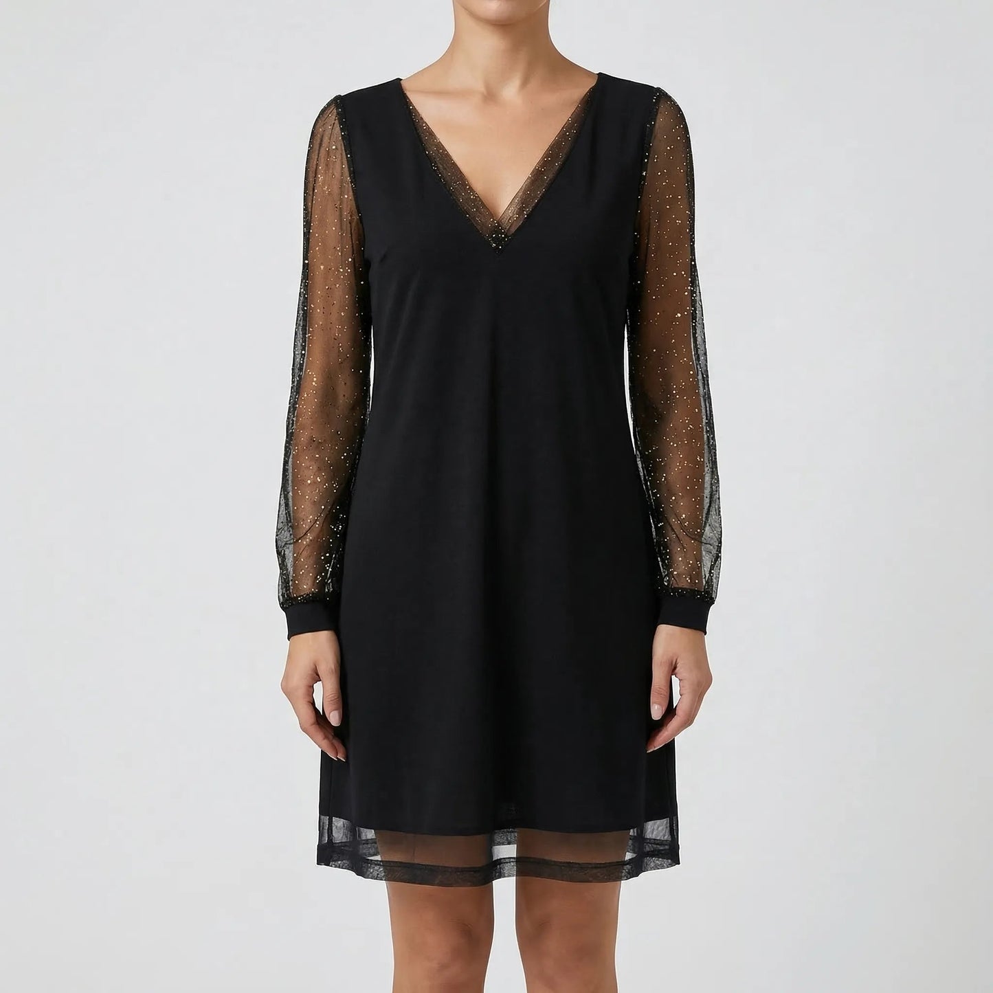 Damen Abendkleid mit Glitzer-Mesh-Ärmeln in Schwarz Jully