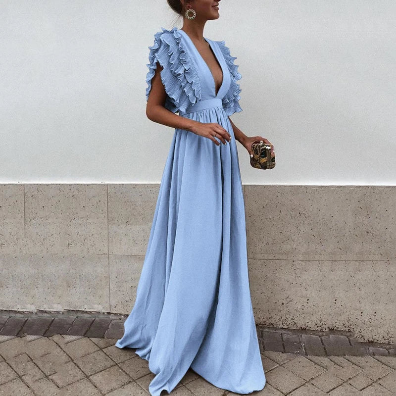 Damen Abendkleid mit Rüschenärmeln in Blau Jully