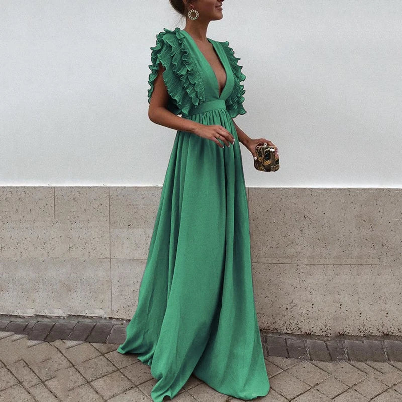 Damen Abendkleid mit Rüschenärmeln in Blau Jully
