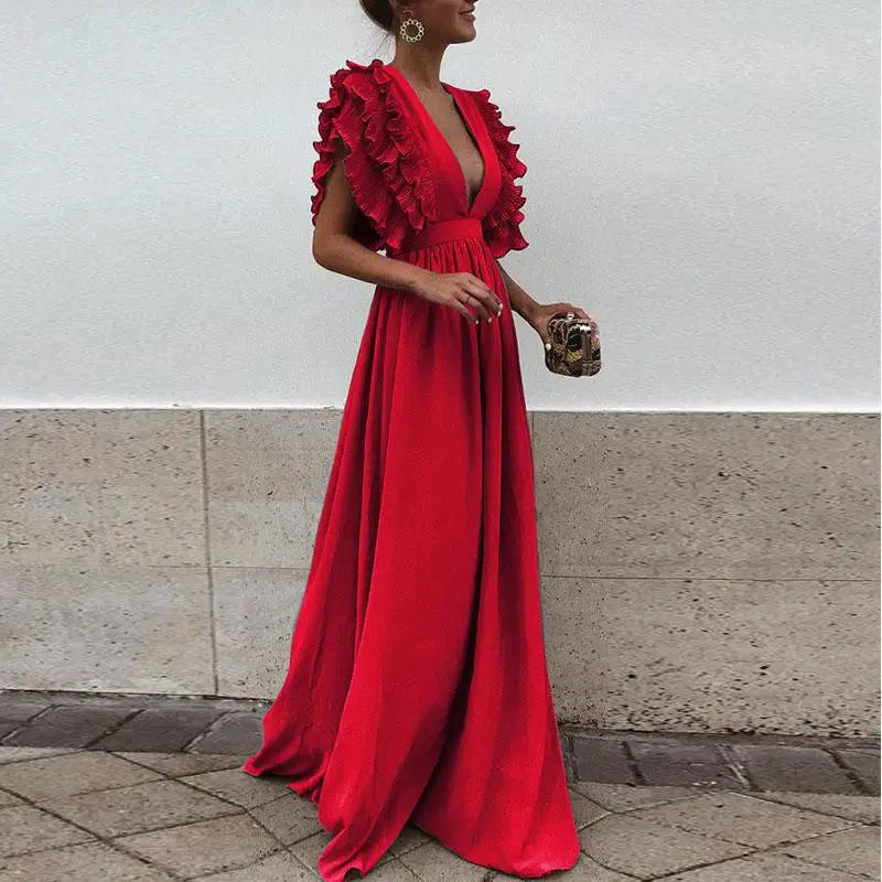 Damen Abendkleid mit Rüschenärmeln in Blau Jully