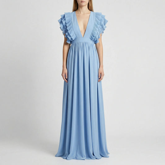 Damen Abendkleid mit Rüschenärmeln und V-Ausschnitt Jully