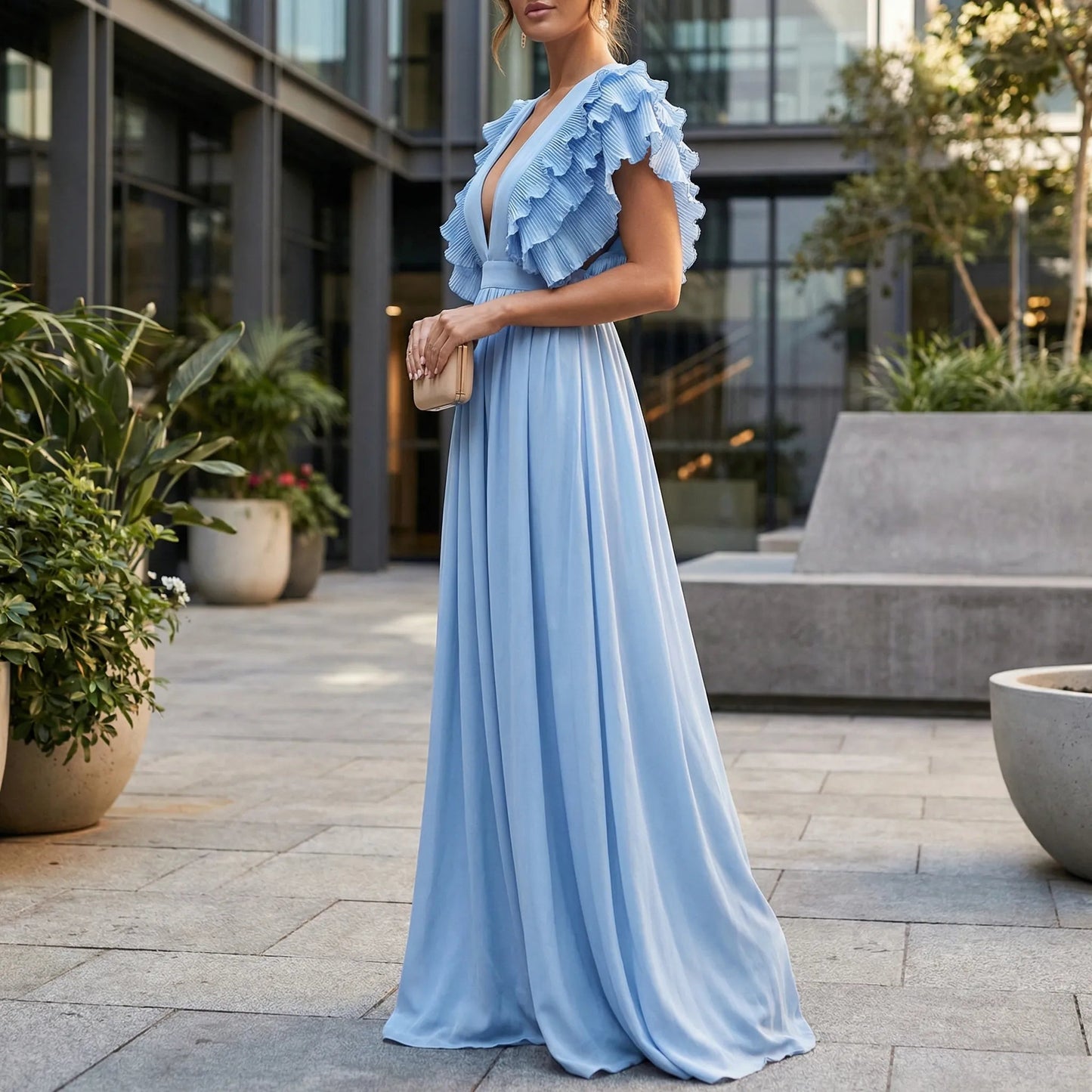 Damen Abendkleid mit Rüschenärmeln und V-Ausschnitt Jully
