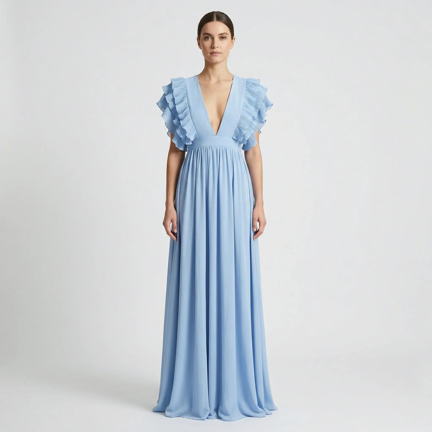 Damen Abendkleid mit Rüschenärmeln und V-Ausschnitt Jully