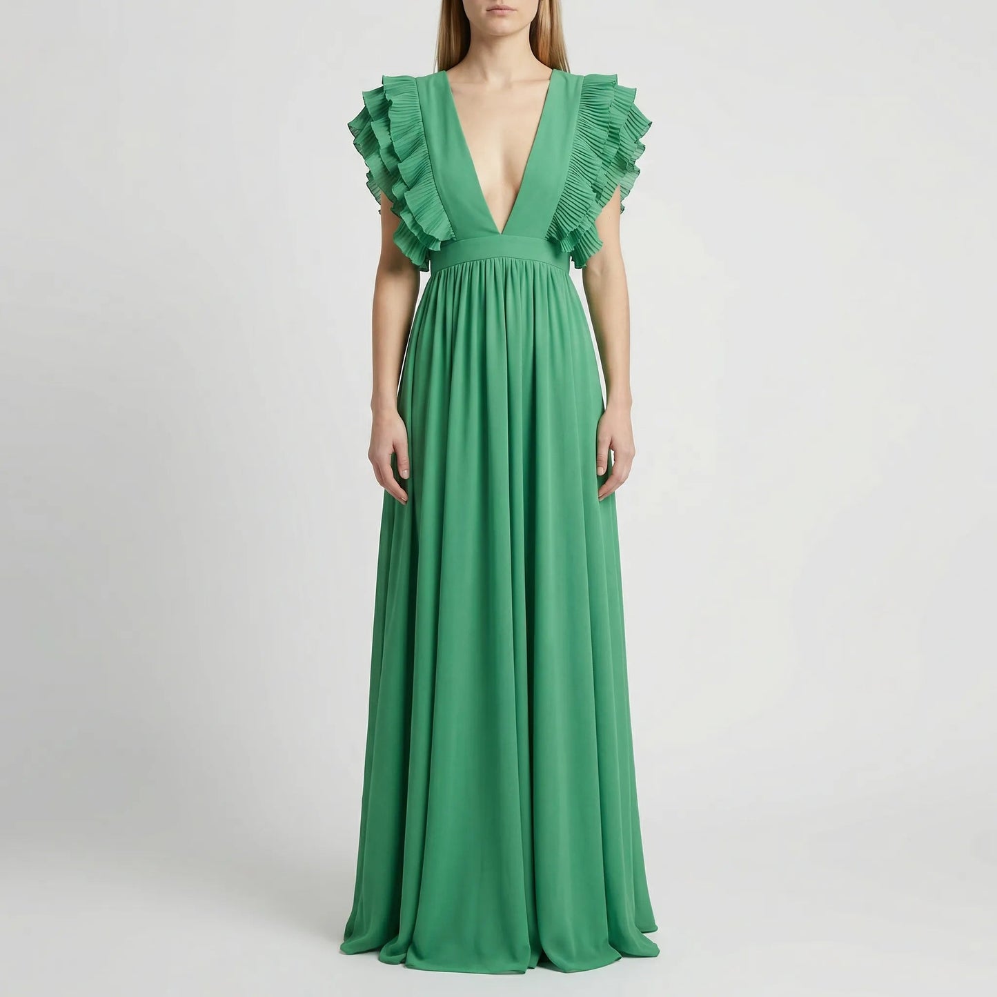 Damen Abendkleid mit Rüschenärmeln und V-Ausschnitt Jully