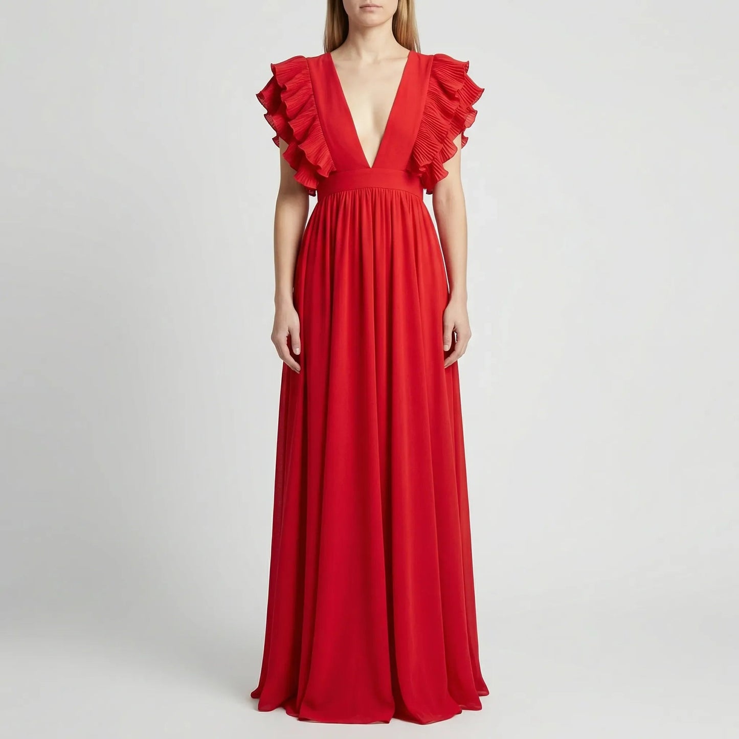 Damen Abendkleid mit Rüschenärmeln und V-Ausschnitt Jully