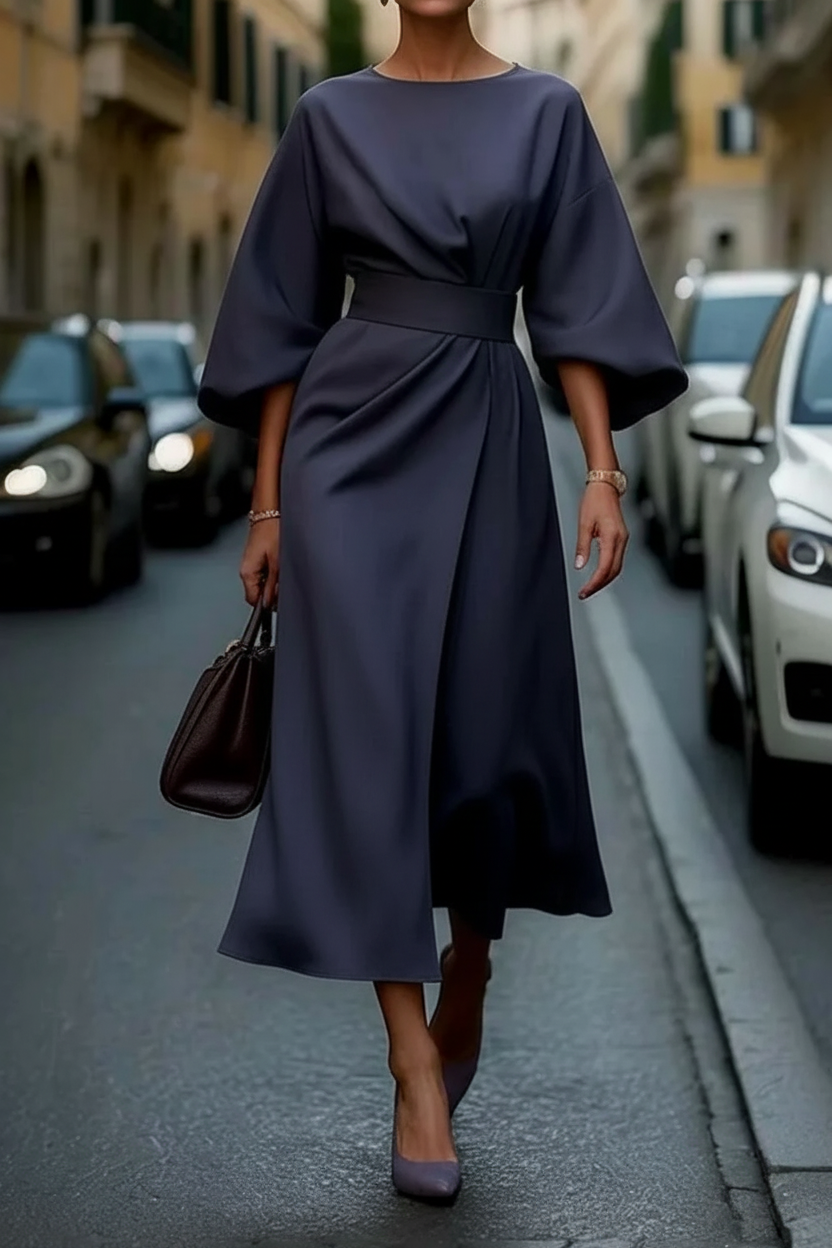 Damen Abendkleid mit Taillengürtel und Laternenärmeln Jully