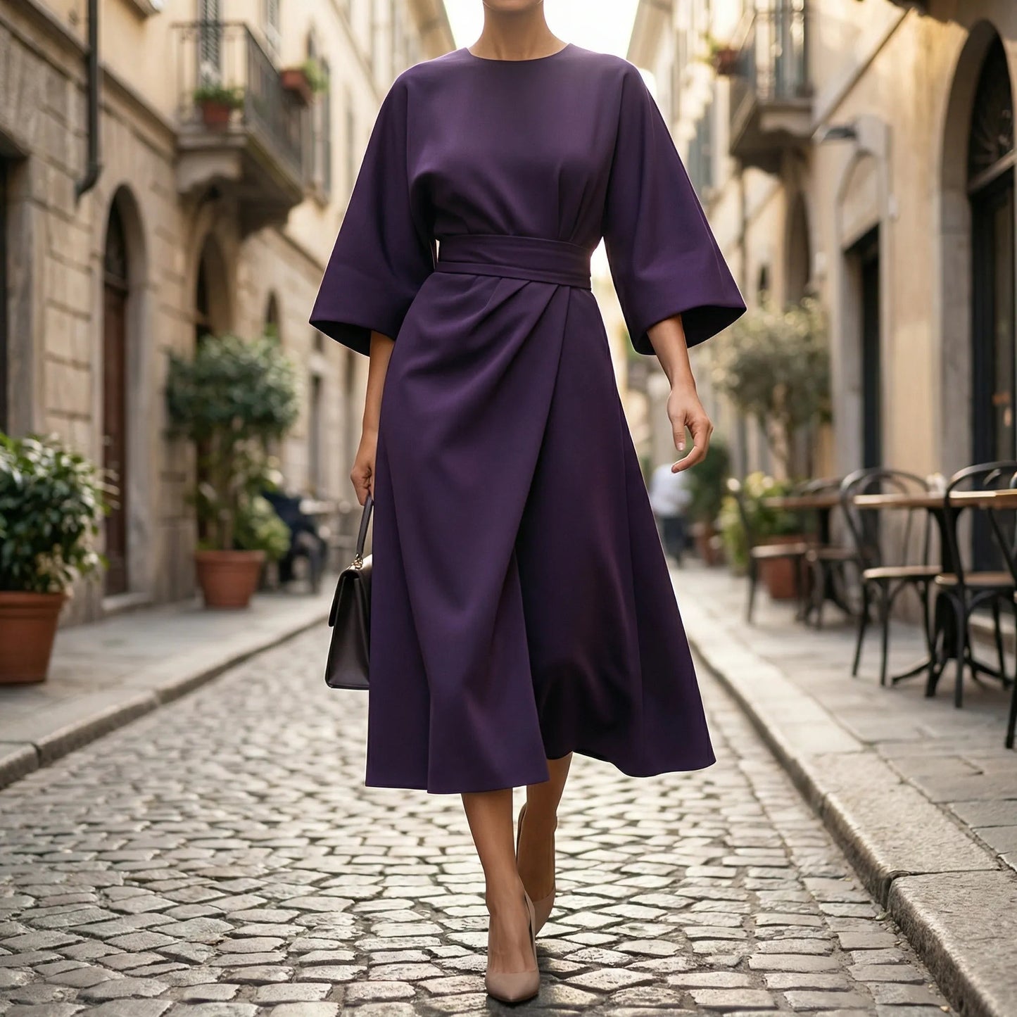 Damen Abendkleid mit Taillengürtel und Laternenärmeln Jully