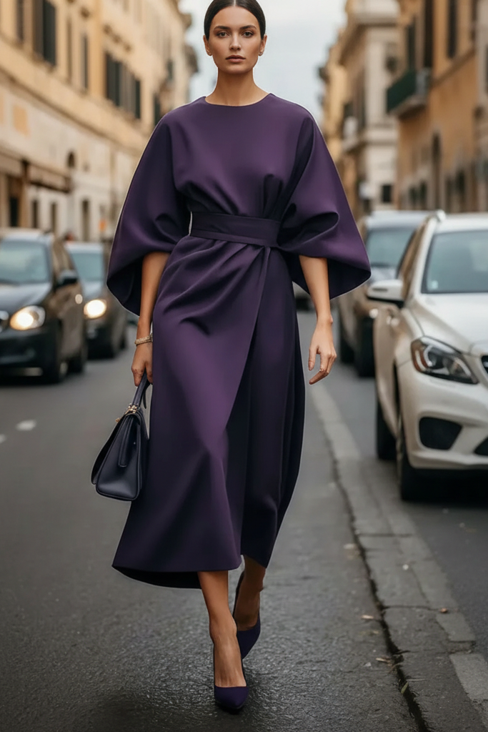 Damen Abendkleid mit Taillengürtel und Laternenärmeln Jully