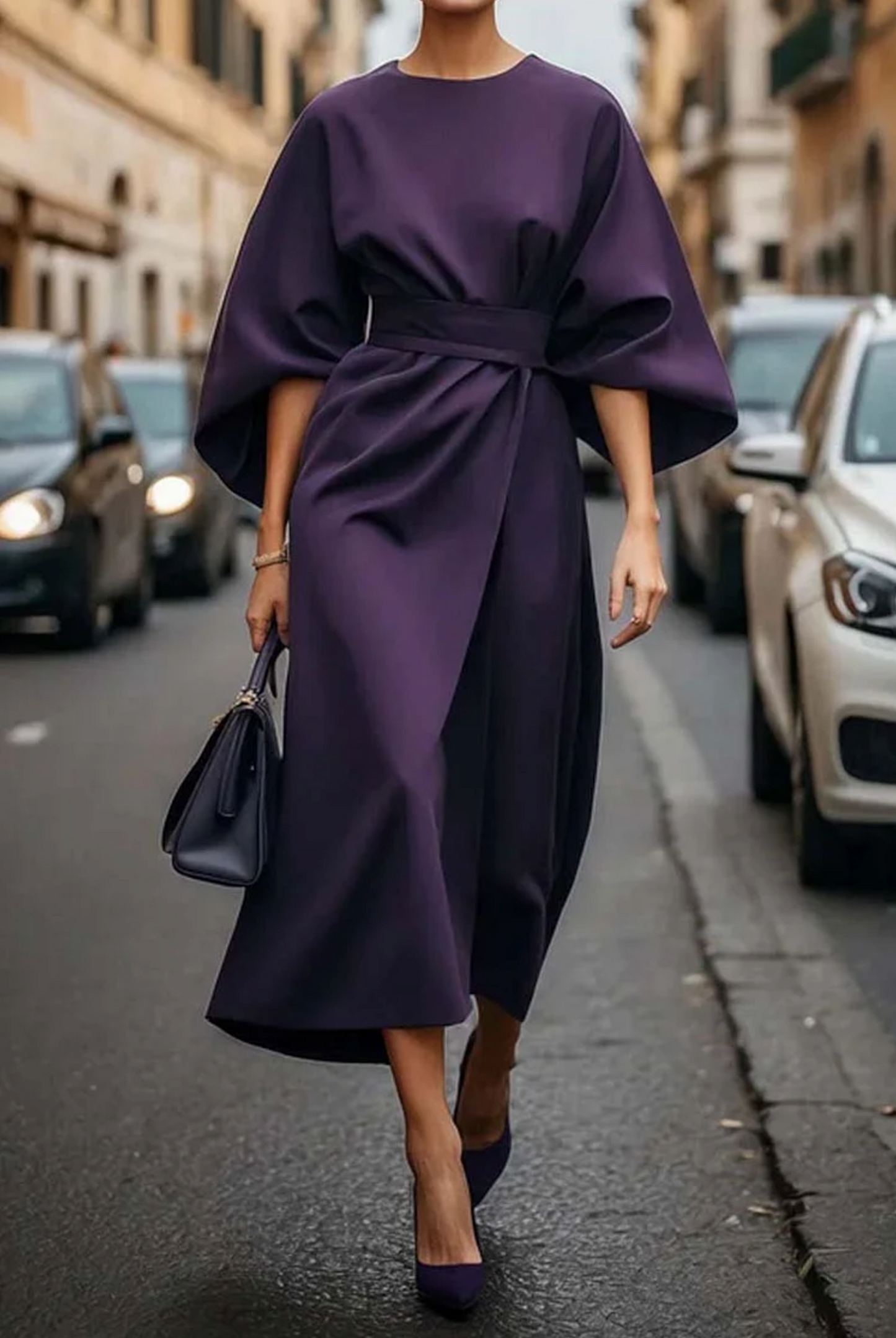 Damen Abendkleid mit Taillengürtel und Laternenärmeln Jully