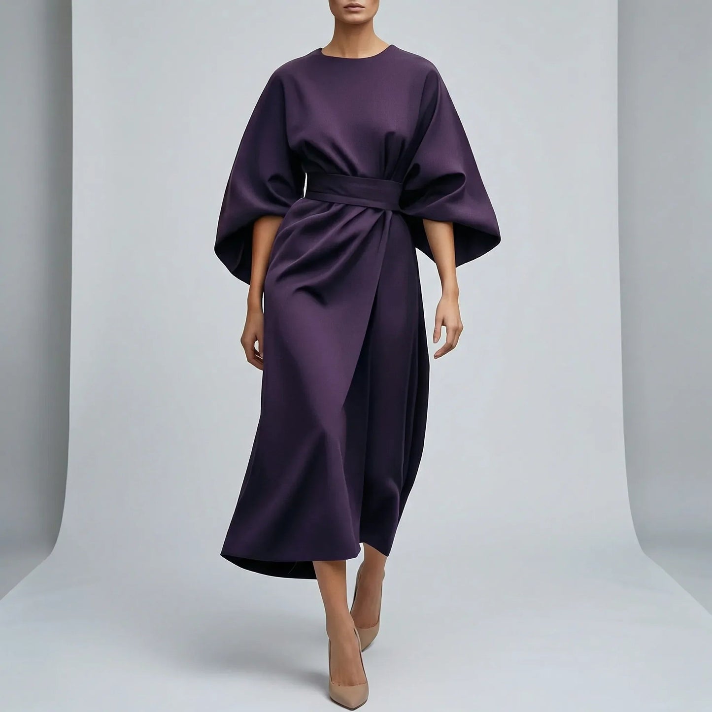 Damen Abendkleid mit Taillengürtel und Laternenärmeln Jully