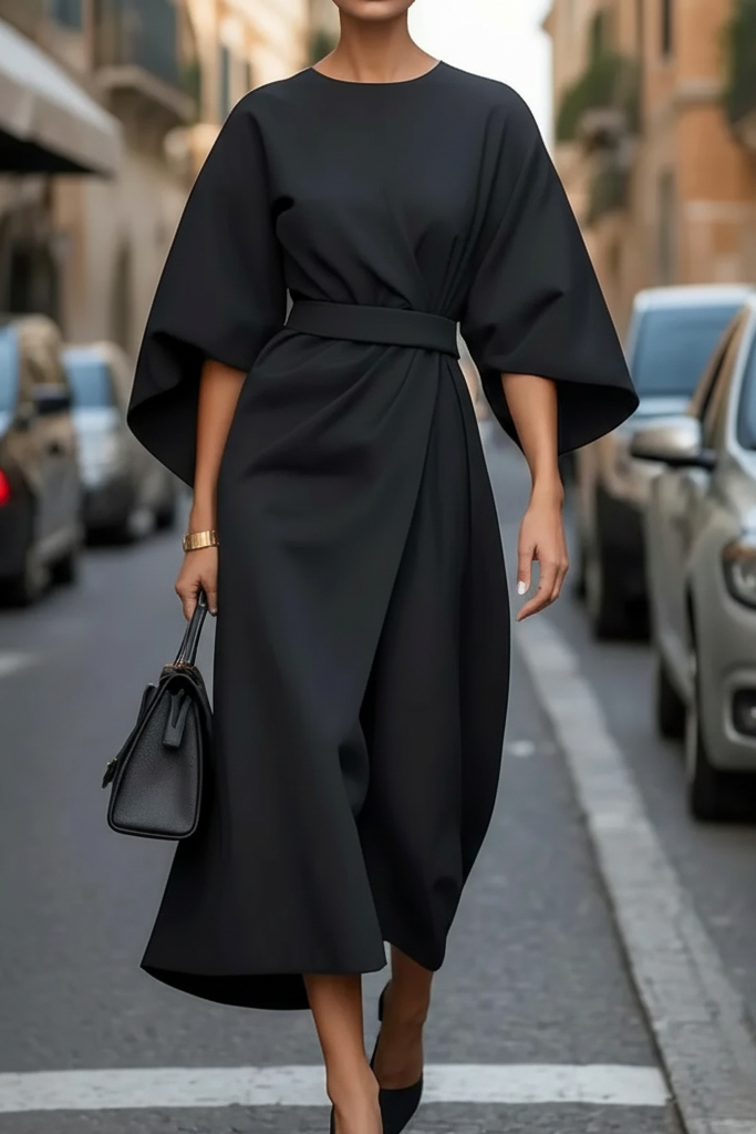 Damen Abendkleid mit Taillengürtel und Laternenärmeln Jully