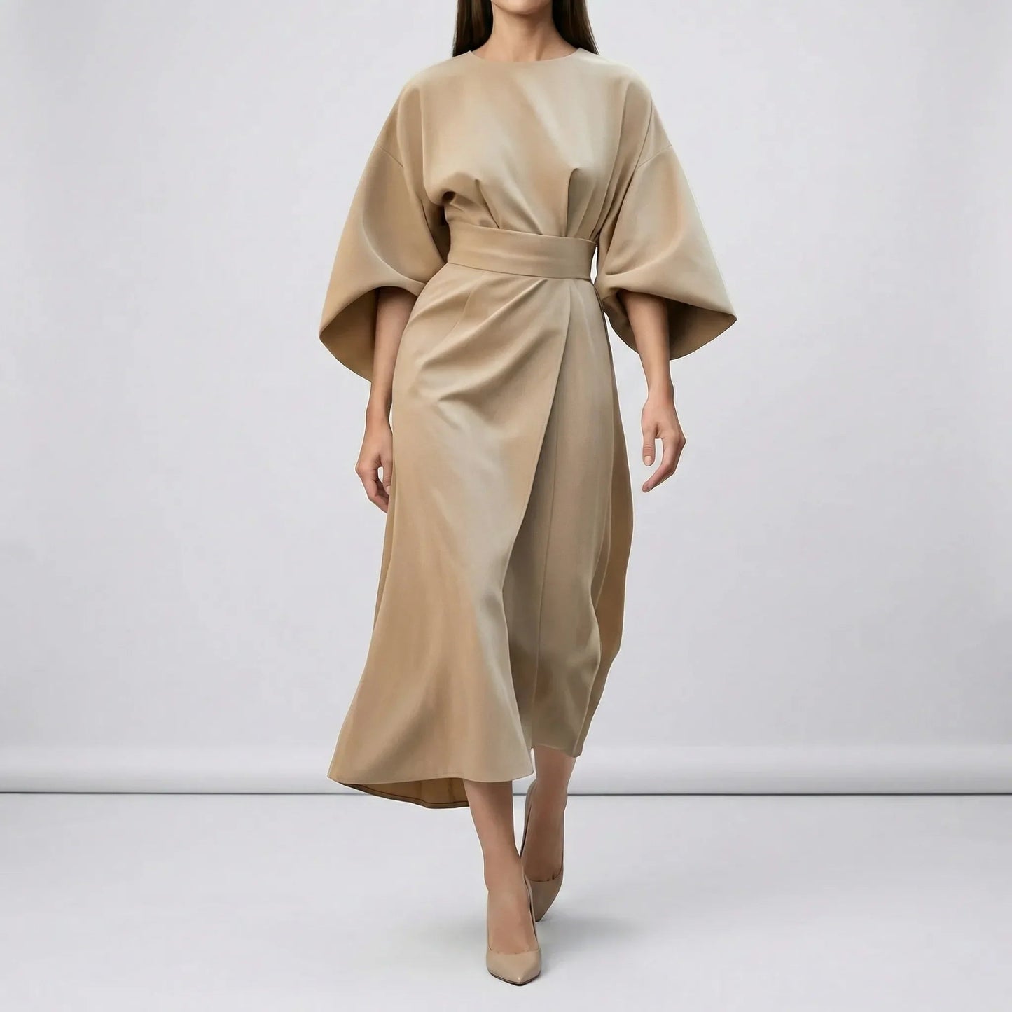 Damen Abendkleid mit Taillengürtel und Laternenärmeln Jully