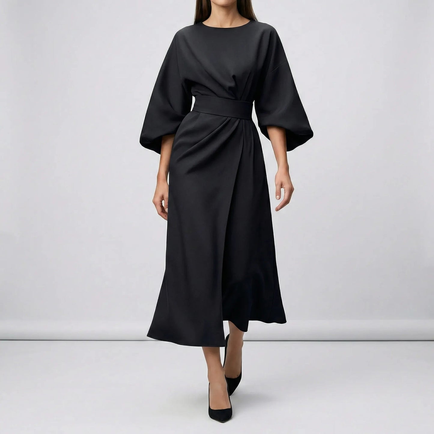 Damen Abendkleid mit Taillengürtel und Laternenärmeln Jully