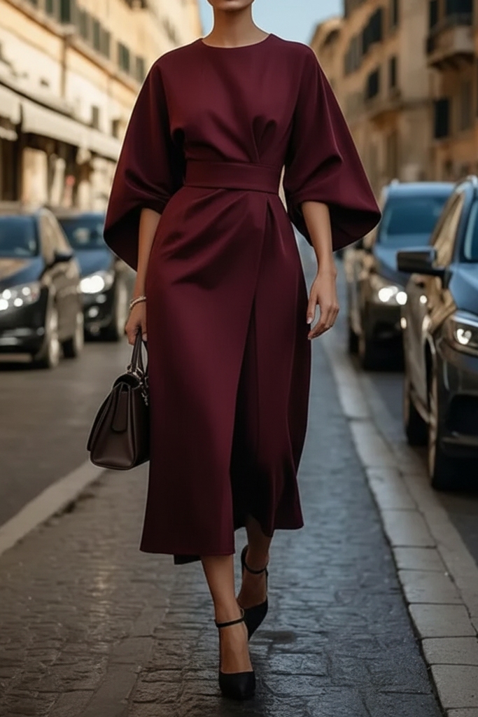 Damen Abendkleid mit Taillengürtel und Laternenärmeln Jully