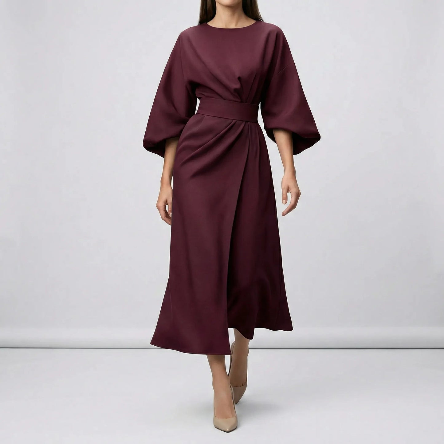 Damen Abendkleid mit Taillengürtel und Laternenärmeln Jully
