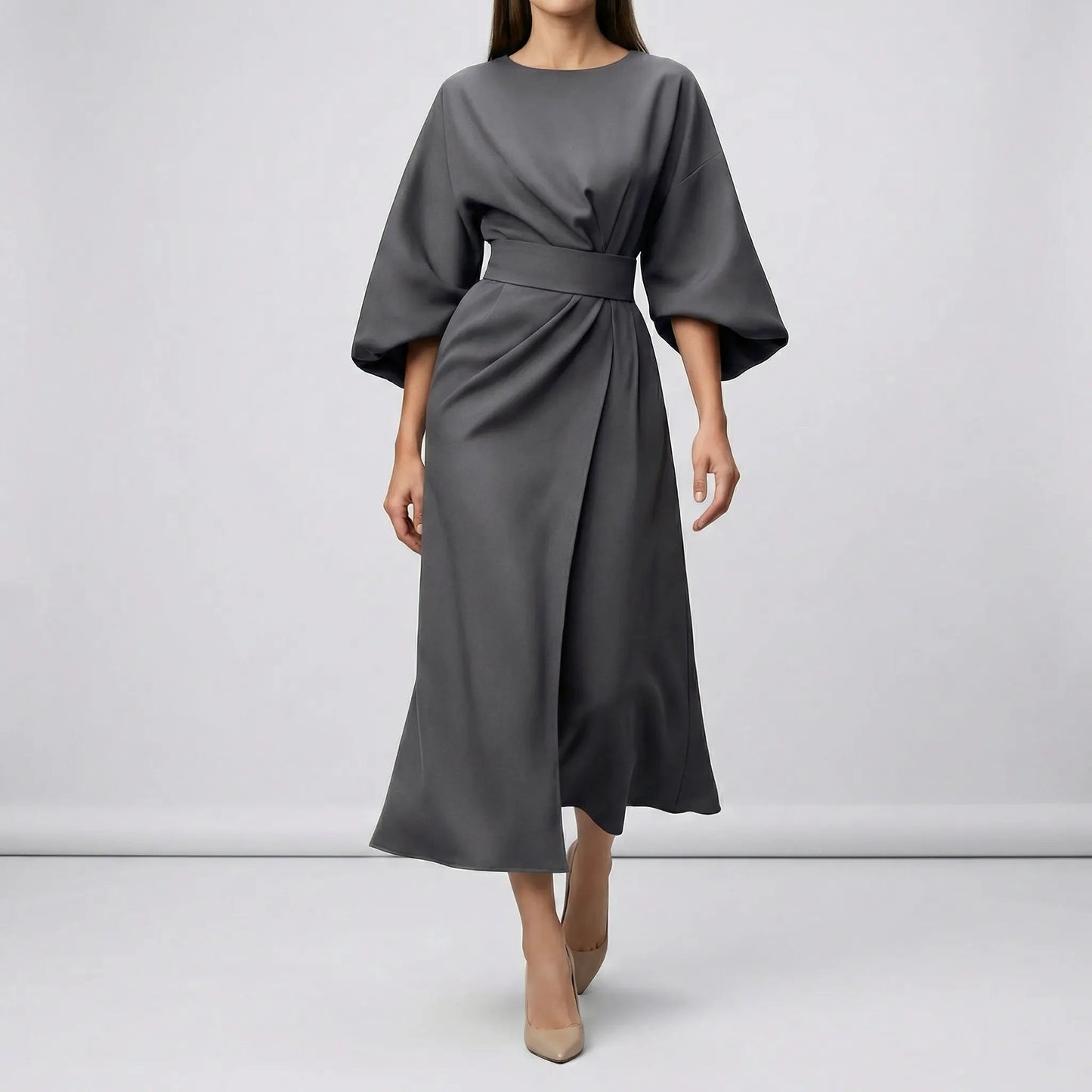 Damen Abendkleid mit Taillengürtel und Laternenärmeln Jully