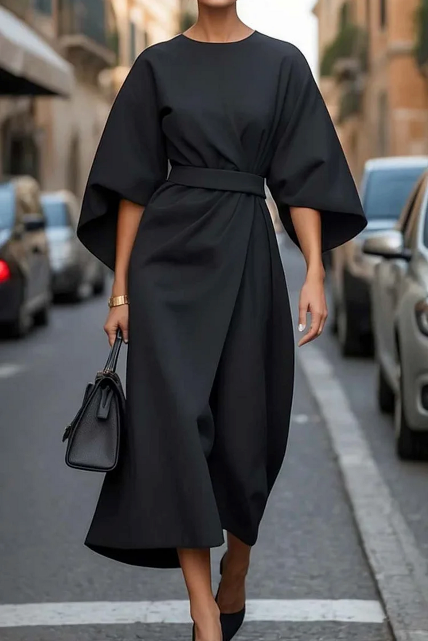 Damen Abendkleid mit Taillengürtel und Laternenärmeln Jully