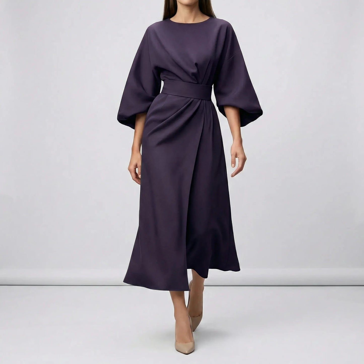 Damen Abendkleid mit Taillengürtel und Laternenärmeln Jully