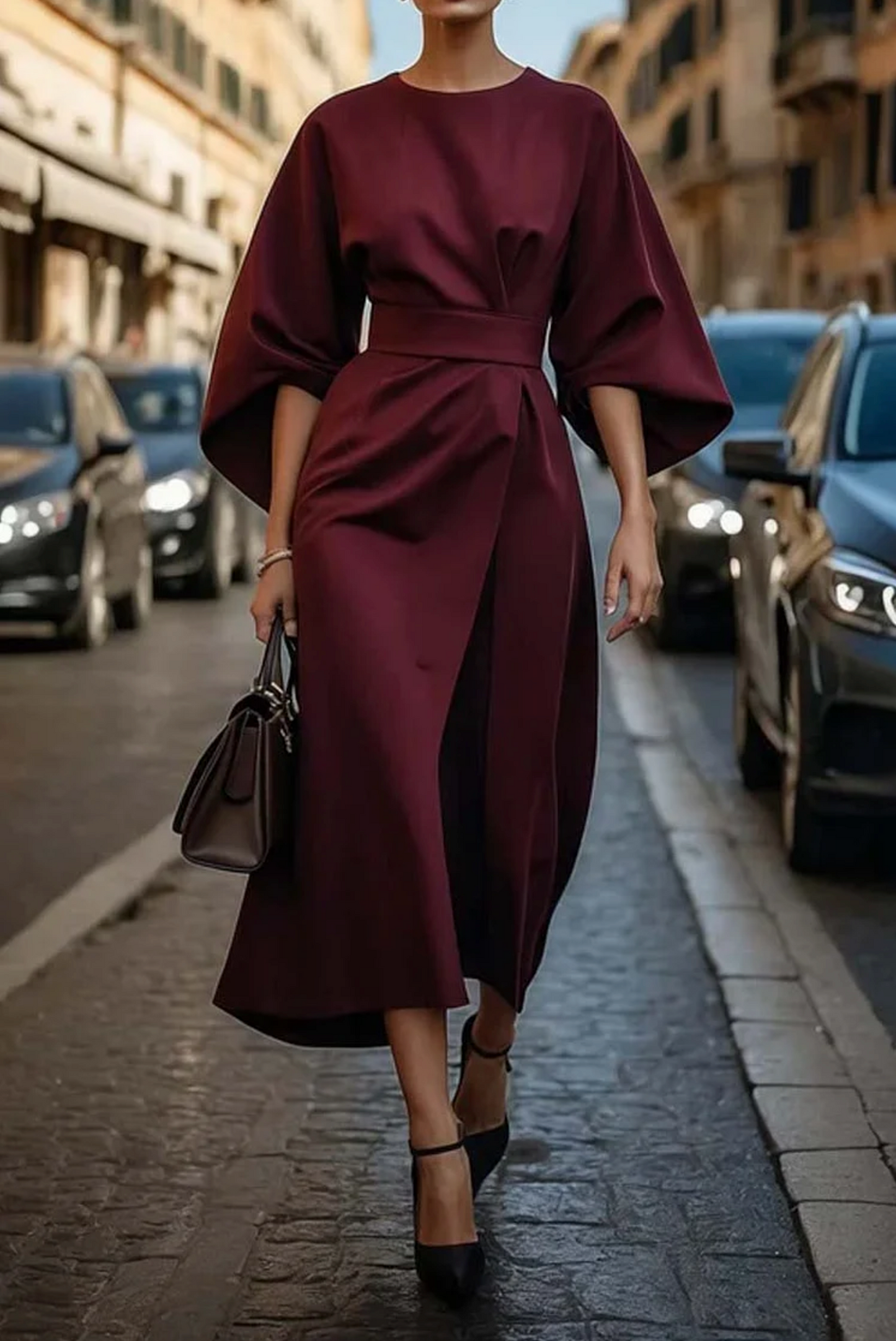 Damen Abendkleid mit Taillengürtel und Laternenärmeln Jully