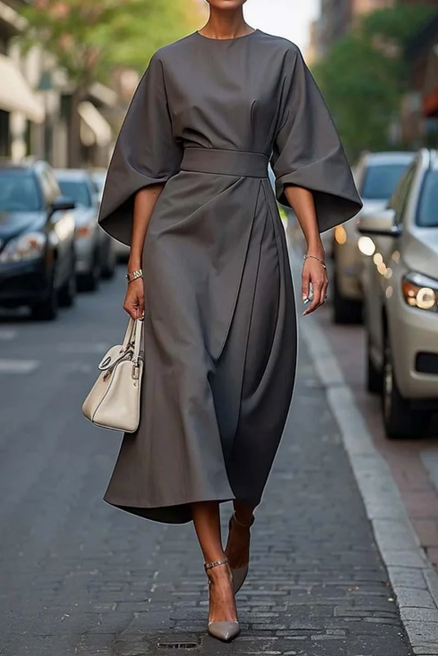 Damen Abendkleid mit Taillengürtel und Laternenärmeln Jully