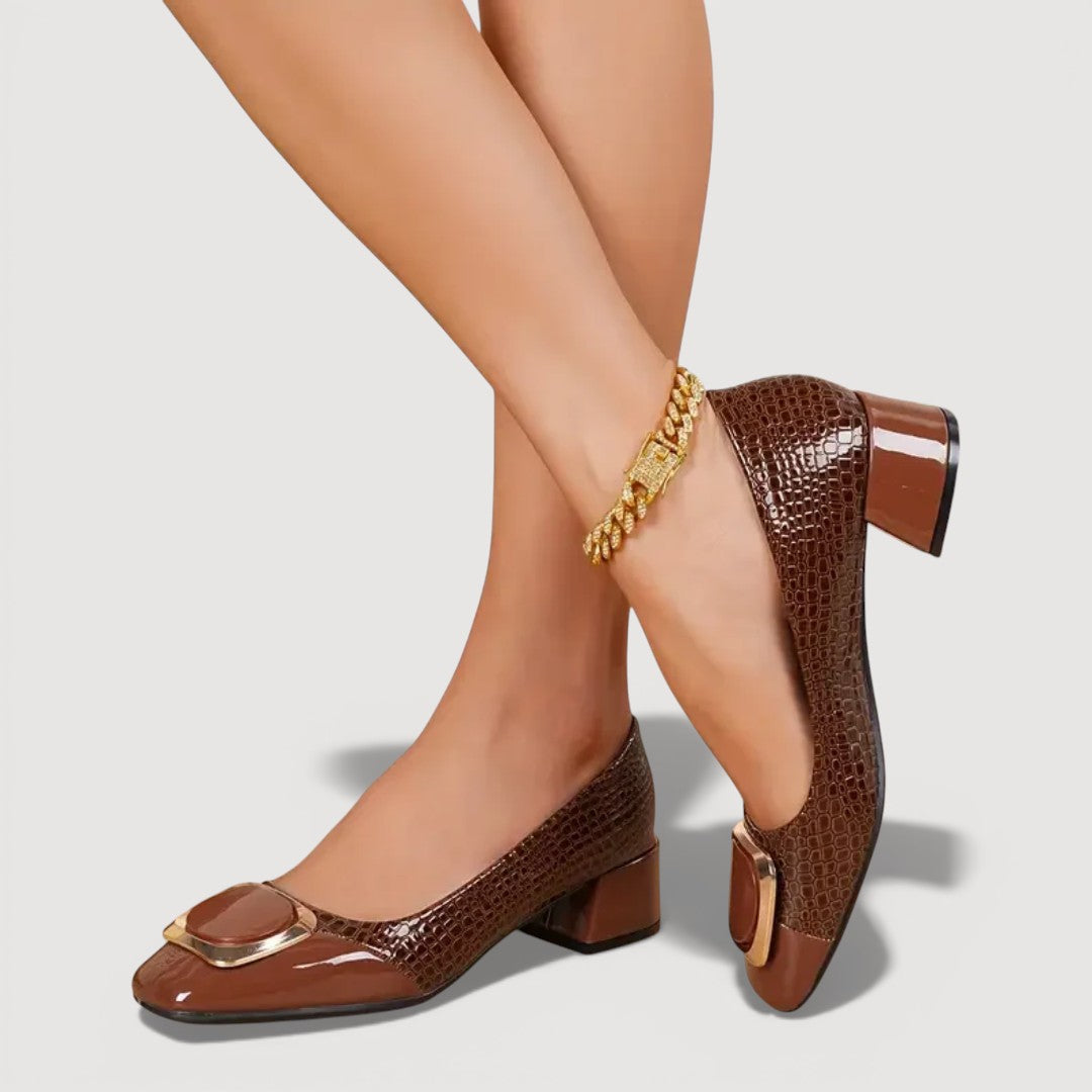 Damen Blockabsatzschuhe aus Leder mit Krokodilprägung Jully