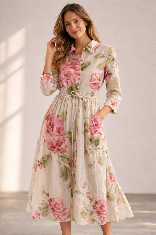 Damen Blumenkleid mit Knopfleiste und Bindegürtel Jully