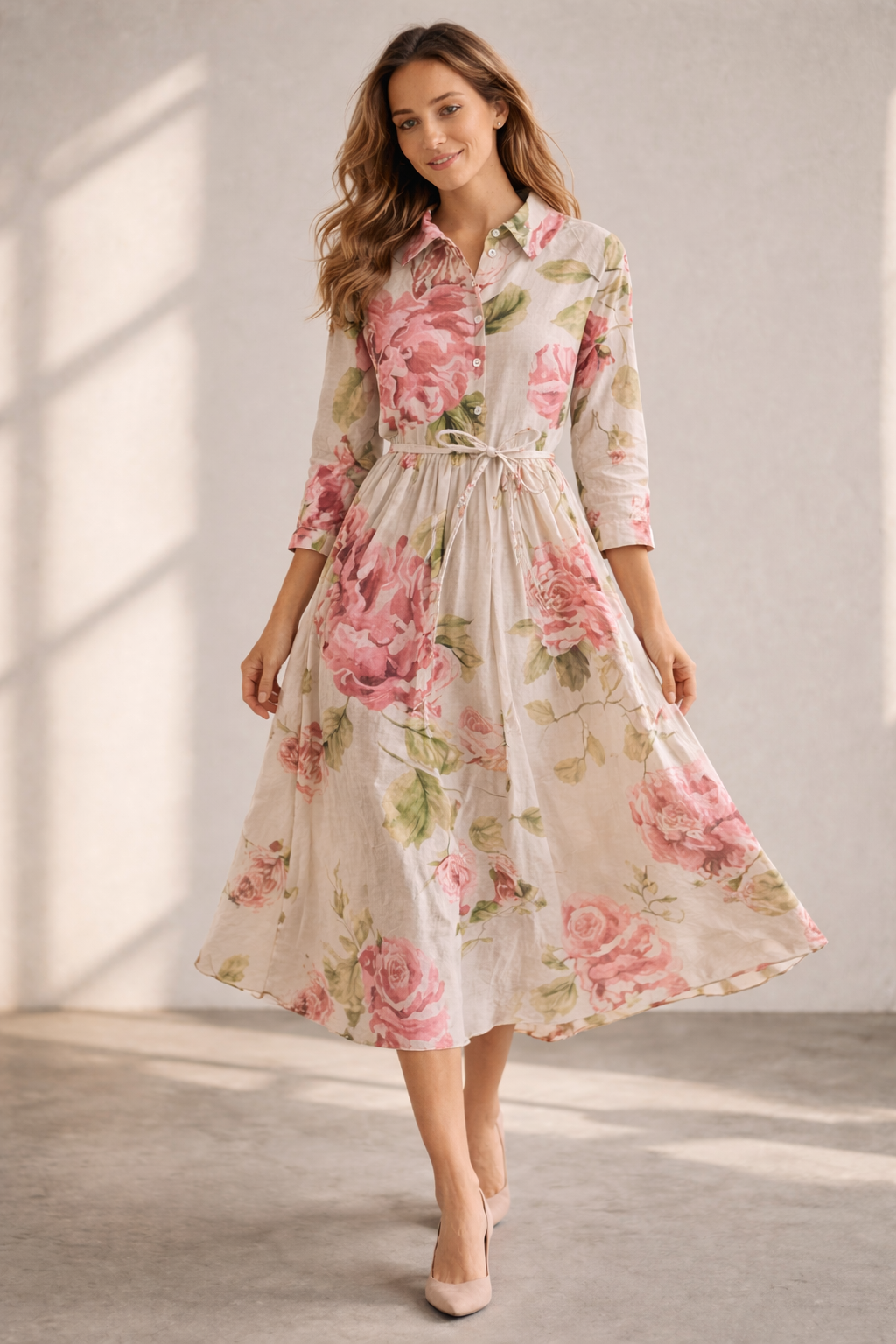 Damen Blumenkleid mit Knopfleiste und Bindegürtel Jully
