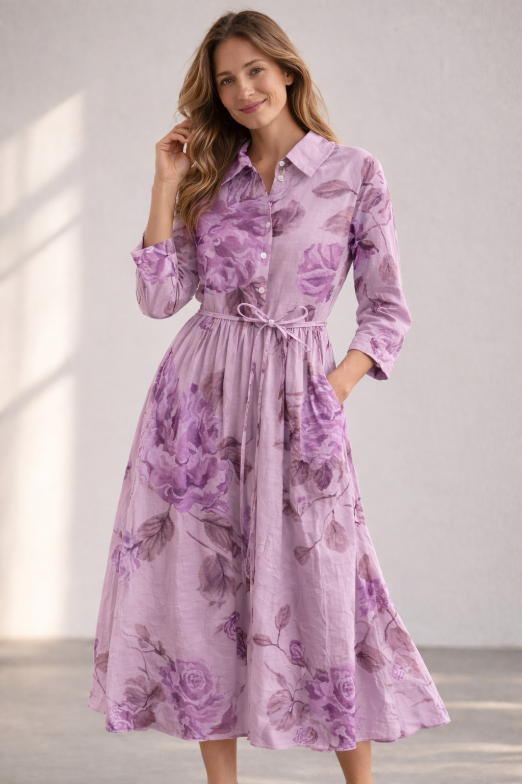 Damen Blumenkleid mit Knopfleiste und Bindegürtel Jully