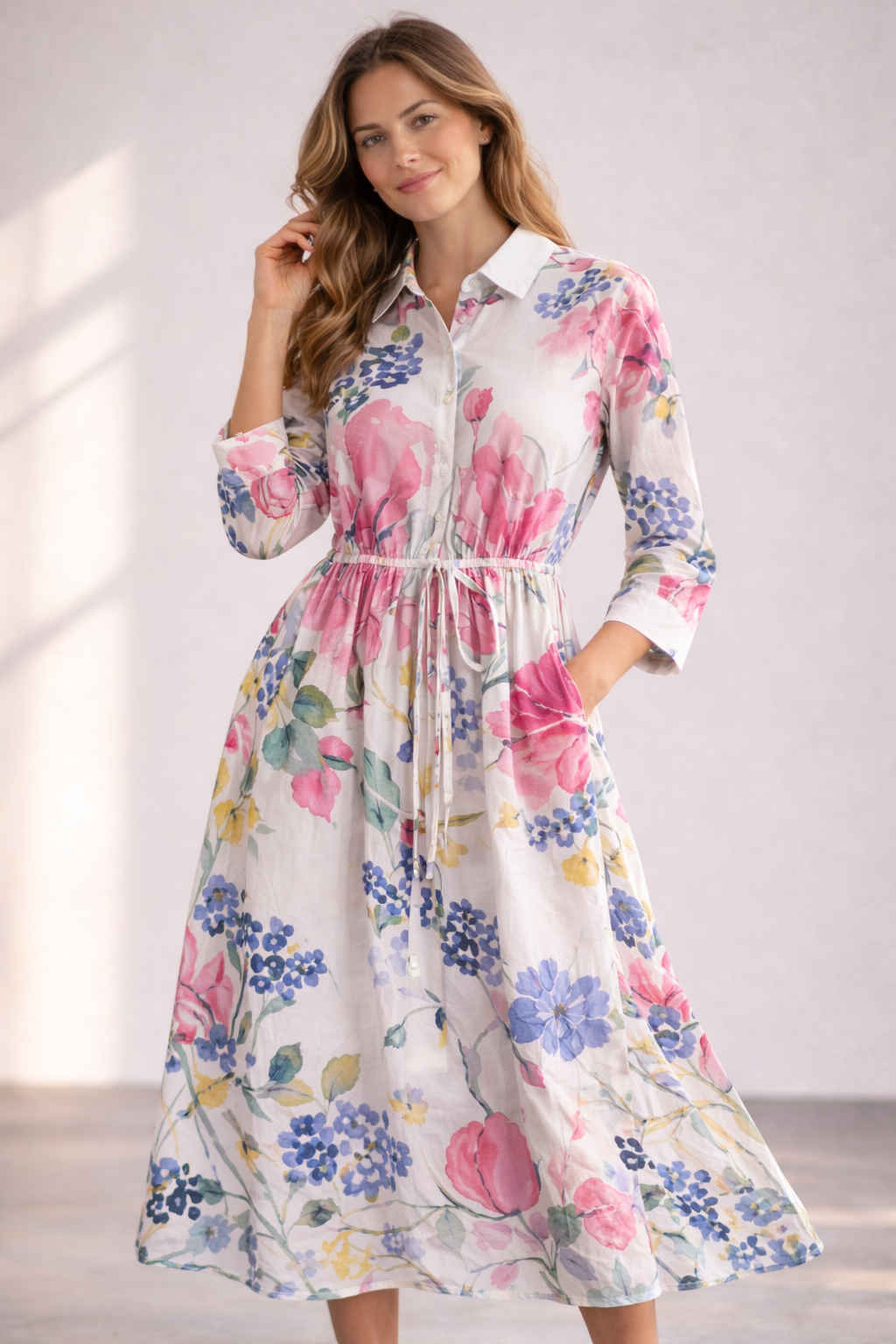 Damen Blumenkleid mit Knopfleiste und Bindegürtel Jully