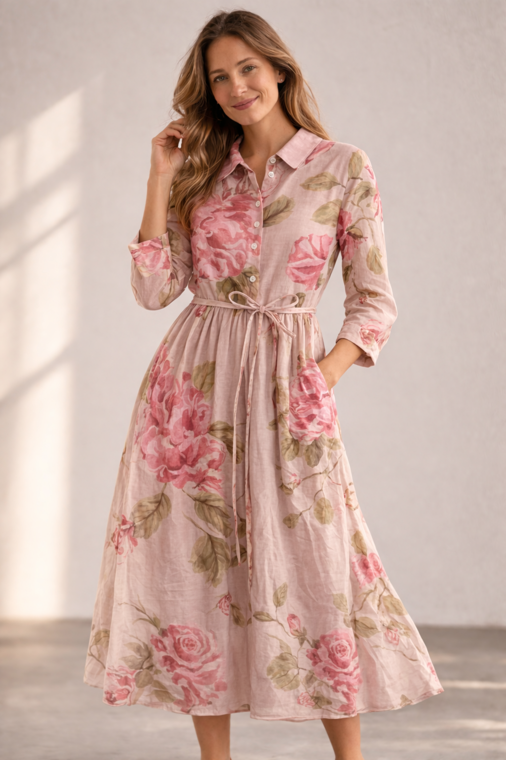 Damen Blumenkleid mit Knopfleiste und Bindegürtel Jully