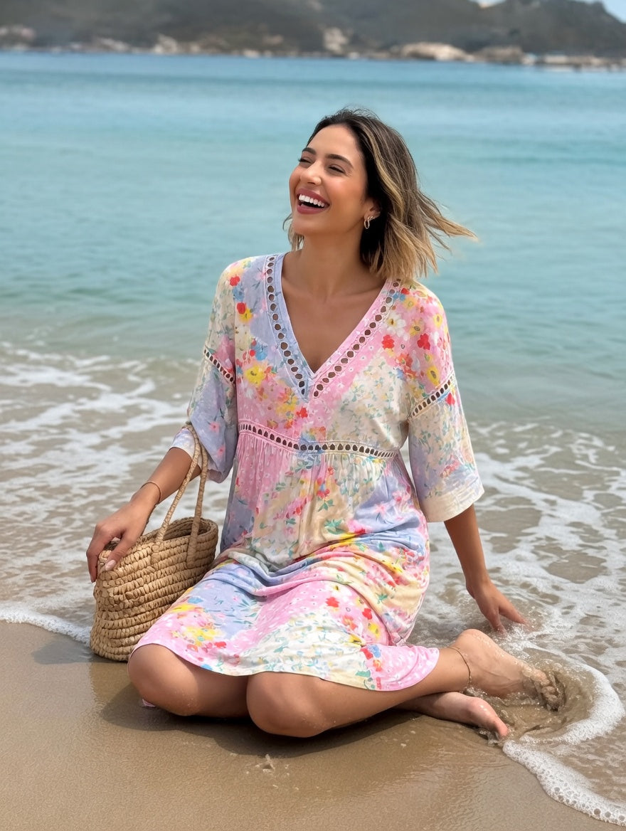 Damen Blumenkleid mit V-Ausschnitt und Blumenmuster Jully
