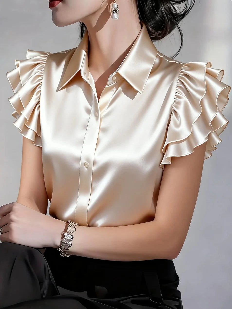 Damen Bluse aus Satin mit Rüschenärmeln Jully