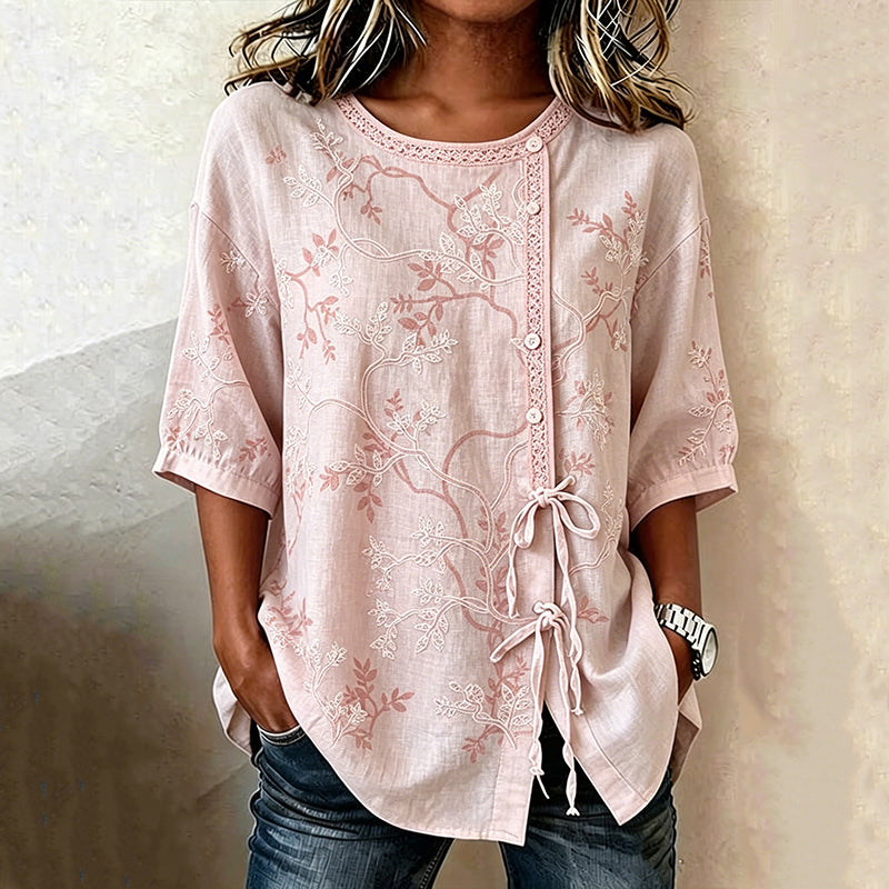 Damen Bluse mit Blattdruck und Schnürung Jully