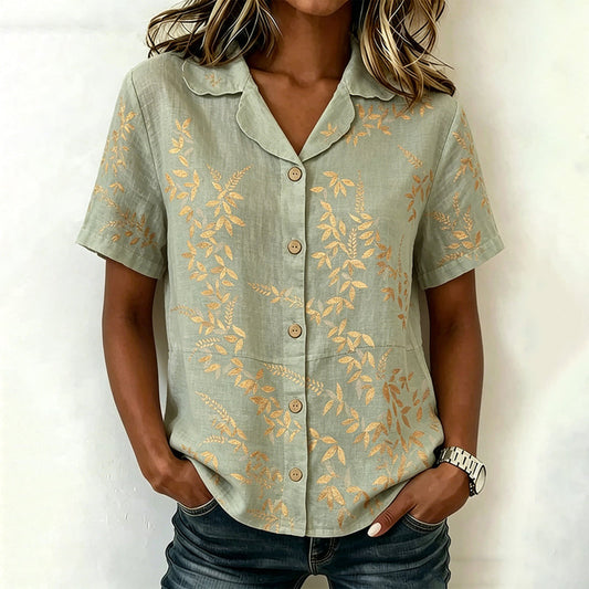 Damen Bluse mit Blattmuster und Umlegekragen Jully