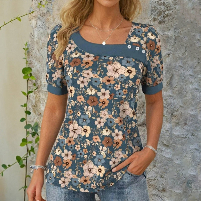 Damen Bluse mit Blumendruck und Diagonalkragen Jully
