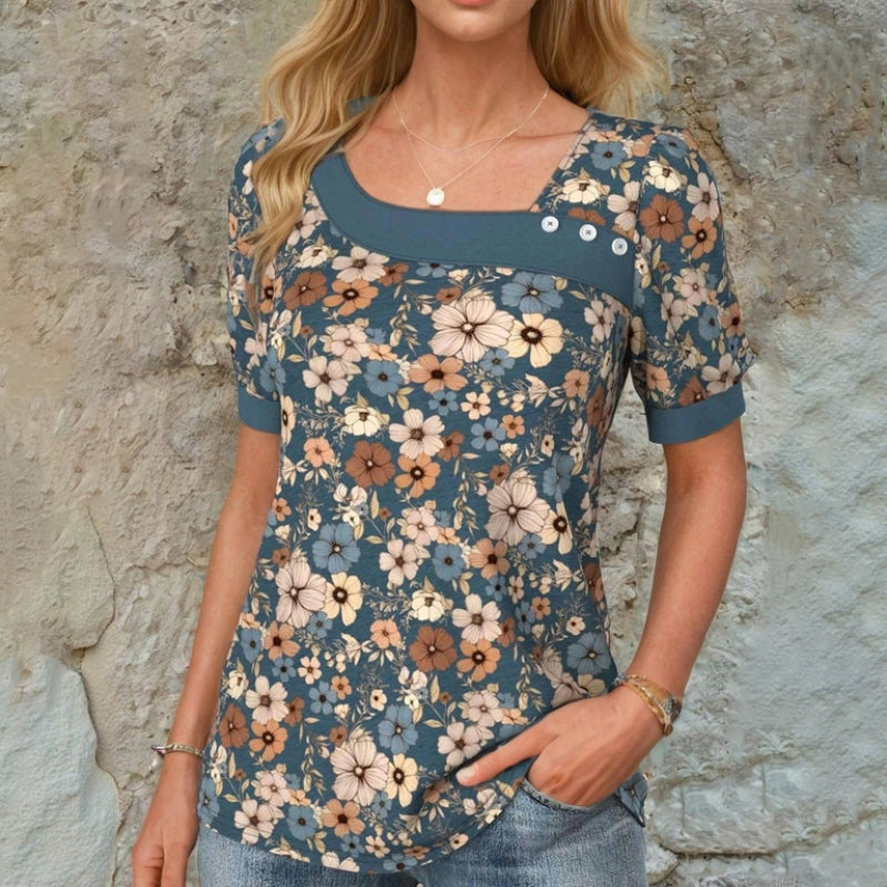 Damen Bluse mit Blumendruck und Diagonalkragen Jully