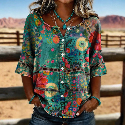 Damen Bluse mit Blumenmuster und V-Ausschnitt Jully