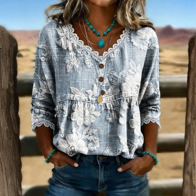 Damen Bluse mit Blumenmuster und V-Ausschnitt Jully